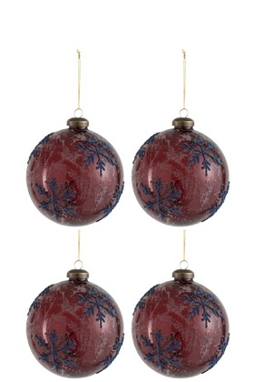 Scatola 4 Palle Di Natale Fiocco Di Neve Vetro Blu/Rosso Medium | Jolipa