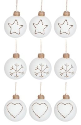 Di 9 Palle Di Natale 3 Cuori + 3 Stelle + 3 Fiocchi Di Neve Vetro Opaco Bianco | Jolipa