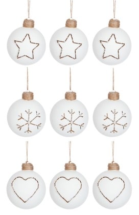 Di 9 Palle Di Natale 3 Cuori + 3 Stelle + 3 Fiocchi Di Neve Vetro Opaco Bianco | Jolipa