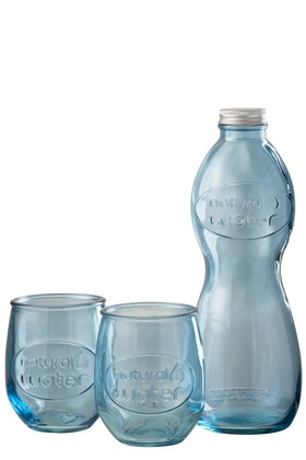 Scatola Bottiglia + 2 Bicchieri Water Vetro Blu Chiaro (10x10x26cm)