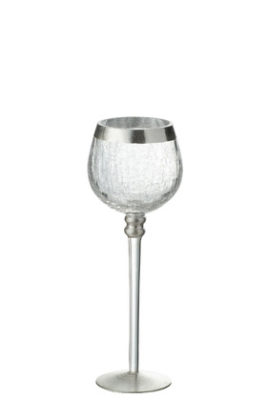 Portacandele Palla + Piede Screpolato Vetro Trasparente/Argento M Or (9.5x9.5x25cm)