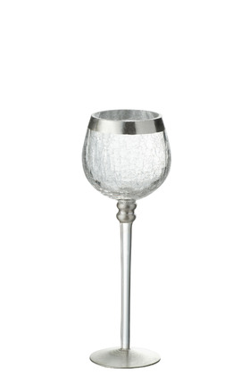 Portacandele Palla + Piede Screpolato Vetro Trasparente/Argento M Or (9.5×9.5x25cm)