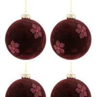Scatola 4 Pallina Di Natale Fiori Velluto Vetro Burgundy Large - Jolipa