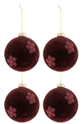 Scatola 4 Pallina Di Natale Fiori Velluto Vetro Burgundy Large - Jolipa