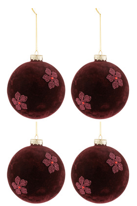 Scatola 4 Pallina Di Natale Fiori Velluto Vetro Burgundy Large – Jolipa