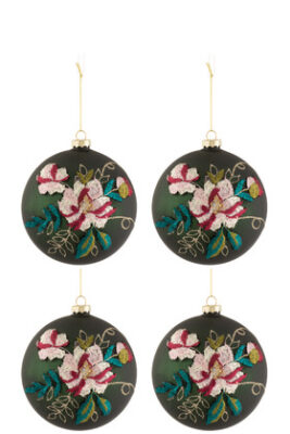 Scatola 4 Palline Di Natale Bordo Fiori Vetro Verde Scuro/Mix Large - Jolipa