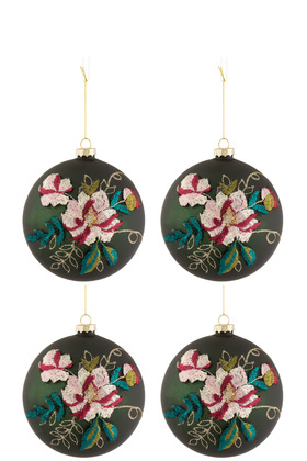 Scatola 4 Palline Di Natale Bordo Fiori Vetro Verde Scuro/Mix Large – Jolipa