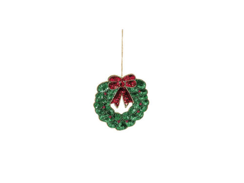 DECORAZIONE IMBOTTITA CORONA PAILLETTES VERDE-ROSSO – BRUCO
