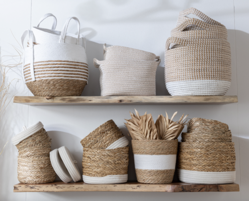Cesto rotondo con riga e manico in rattan naturale - JOLIPA